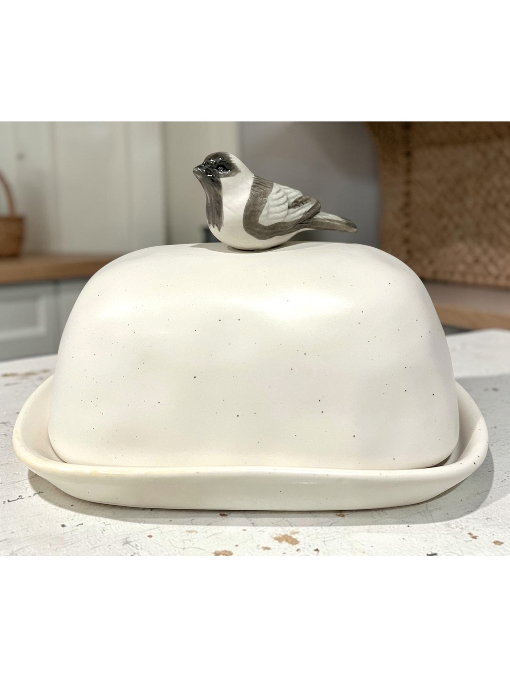 Creative Co-Op Wendy Winnan Bird Stoneware Butter Dish Speckled Cream